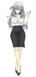 1girl alternate_costume aqua_eyes aqua_hair arm_under_breasts beads black-framed_eyewear black_skirt blush breasts cleavage closed_mouth collarbone colored_eyelashes commentary corrupted_twitter_file crossed_bangs cutie_revolt english_commentary full_body glasses hair_beads hair_between_eyes hair_bun hair_ornament hand_up high-waist_skirt high_heels highres large_breasts long_hair long_sleeves looking_at_viewer office_lady open_hand pencil_skirt riddle_joker shikibe_mayu simple_background single_side_bun skirt smile solo split_mouth standing waving white_background