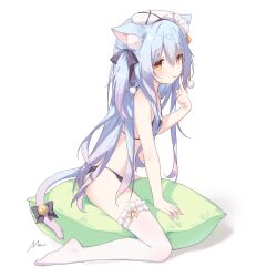 1girl absurdres animal_ear_fluff animal_ears bare_arms bare_shoulders bell bikini black_bikini black_bow blue_hair bow brown_eyes cat_ears cat_girl cat_tail closed_mouth commentary_request finger_to_mouth frilled_thighhighs frills full_body gradient_hair hair_between_eyes hair_bow hand_up highres jingle_bell long_hair looking_at_viewer mo_(pixiv9929995) multicolored_hair no_shoes one_side_up original pillow purple_hair shadow signature simple_background straddling swimsuit tail tail_bell tail_bow tail_ornament thighhighs tongue tongue_out very_long_hair white_background white_thighhighs