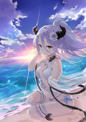 1girl bare_shoulders beach bikini blue_hair blue_ribbon blue_sky blush breasts collarbone draph female_focus flower frilled_thigh_strap granblue_fantasy hair_between_eyes hair_flower hair_ornament halterneck hand_in_own_hair highres hip_focus horns izmir izmir_(summer)_(granblue_fantasy) large_breasts long_hair looking_at_viewer mole mole_under_mouth multi-strapped_bikini_bottom navel nino_(shira) ocean one-piece_swimsuit outdoors pointy_ears ponytail red_eyes ribbon sash sitting sky smile snowflake_hair_ornament solo sunlight swimsuit thigh_strap thighs white_one-piece_swimsuit