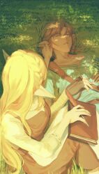 1boy 1girl adjusting_another&#039;s_hair alternate_costume bandaged_arm bandages blonde_hair blue_shirt book braid brown_gloves brown_hair commentary_request crown_braid fingerless_gloves gloves grass highres holding holding_book holding_quill link long_hair long_sleeves lying nintendo outdoors pointy_ears princess_zelda pu_hegg quill shirt short_hair sleeping the_legend_of_zelda the_legend_of_zelda:_breath_of_the_wild