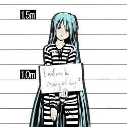 1girl :&lt; alternate_hairstyle blue_eyes blue_hair bored cuffs english_text female_focus frown handcuffs hatsune_miku highres long_hair matching_hair/eyes mugshot prison prison_clothes shirt sign sign_holding solo striped_clothes striped_shirt tsukuan very_long_hair vocaloid white_background