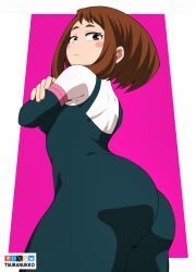 1girl artist_name ass ass_focus black_bodysuit bluesky_logo blush_stickers bodysuit boku_no_hero_academia breasts brown_eyes brown_hair closed_mouth crossed_arms fanbox_logo medium_breasts mixed-language_commentary multicolored_bodysuit patreon_logo pixiv_logo solo superhero_costume tsuranukko twitter_x_logo two-tone_background uraraka_ochako white_bodysuit