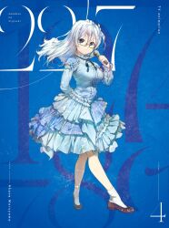1girl 22/7 arm_behind_back black_shoes blue_background blue_dress blue_eyes blue_hair blue_ribbon bow character_name closed_mouth copyright_name cover dancing dress dvd_cover frilled_dress frills full_body glasses grey-framed_eyewear hair_bow highres holding holding_microphone long_hair long_sleeves looking_at_viewer majiro_(mazurka) maruyama_akane microphone muzui neck_ribbon official_art rectangular_eyewear ribbon semi-rimless_eyewear shoes smile socks solo under-rim_eyewear white_socks
