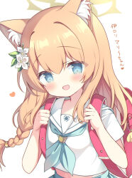 Rule 34 | :d, aged down, animal ear fluff, animal ears, azumi kazuki, backpack, bag, blue archive, blue eyes, blue neckerchief, blue skirt, blush, braid, breasts, brown hair, cat ears, commentary request, flower, hair between eyes, hair flower, hair intakes, hair ornament, halo, hands up, heart, highres, long hair, looking at viewer, mari (blue archive), neckerchief, open mouth, pleated skirt, randoseru, sailor collar, school uniform, serafuku, shirt, simple background, skirt, small breasts, smile, translation request, unfinished, upper body, very long hair, white background, white flower, white sailor collar, white shirt