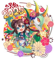 1girl 2025 :d alternate_costume blue_eyes brown_hair chibi chinese_zodiac double_bun full_body gen_5_pokemon hair_bun happy_new_year highres holding holding_poke_ball japanese_clothes kimono long_hair long_sleeves looking_at_viewer mipokec new_year nintendo open_mouth poke_ball poke_ball_(basic) pokemon pokemon_(creature) pokemon_bw2 rosa_(pokemon) sandals serperior smile socks twintails twitter_username white_socks wide_sleeves year_of_the_snake