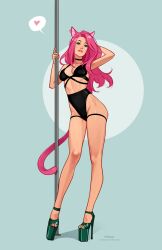 Rule 34 | 1girl, animal ears, arm up, artist name, biting own lip, black panties, blue eyes, breasts, cat ears, cat girl, cat tail, elena (olena minko), heart, high heels, highleg, highleg panties, highres, long hair, looking at viewer, medium breasts, olena minko, original, panties, parted lips, patreon username, pink hair, platform heels, pole, simple background, solo, speech bubble, spoken heart, stripper pole, tail, underwear, watermark, web address