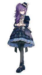 1girl asahina_mafuyu ascot black_pantyhose blue_dress blue_hat blue_shoes blush closed_mouth dress frilled_dress frills full_body grey_ascot hair_between_eyes hat highres long_hair long_sleeves looking_at_viewer migolu own_hands_together pantyhose project_sekai purple_eyes purple_hair shoes simple_background solo standing white_background