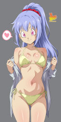 Rule 34 | 1girl, absurdres, bare shoulders, bikini, blush, breasts, grey background, grey jacket, hair ornament, hair scrunchie, highres, jacket, long hair, looking at viewer, medium breasts, metaminegl, navel, open clothes, open jacket, original, pink eyes, ponytail, purple hair, scrunchie, side-tie bikini bottom, simple background, smile, solo, spanish commentary, swimsuit, toriyama akira (style), yellow bikini