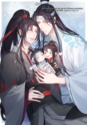 2boys bishounen black_hair black_hanfu character_doll chibi chinese_clothes couple doll english_text hair_ribbon hand_on_another&#039;s_stomach hanfu headband high_ponytail holding holding_doll holding_hands lan_wangji long_hair long_sleeves looking_at_another male_focus modao_zushi multiple_boys open_mouth ponytail purple_eyes ran_kisaragi red_ribbon ribbon sidelocks sitting smile topknot watermark wei_wuxian white_hanfu white_headband wide_sleeves xiao_guan_(headdress) yaoi yellow_eyes