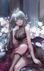 Rule 34 | 1girl, animal print, artist request, bare arms, bare shoulders, bat print, black crown, black dress, black socks, black wings, blue eyes, blunt bangs, breasts, castle, closed mouth, cross, crown, demon wings, dress, earrings, fake wings, feet out of frame, fishnet dress, fishnet socks, fishnets, flower, frilled dress, frills, grey hair, hand on own cheek, hand on own face, happy, highres, indoors, jewelry, knee up, kneehighs, lace, lace-trimmed dress, lace-trimmed socks, lace trim, large breasts, light particles, lilith (shining nikki), lipstick, long hair, makeup, medium dress, nikki (series), official art, red lips, rose, see-through clothes, see-through dress, shining nikki, sitting, smile, socks, solo, very long hair, white flower, white rose, window, wings