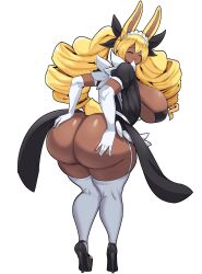 1girl :3 animal_ears ass black_bra blonde_hair bra breasts closed_eyes dark-skinned_female dark_skin drill_hair elbow_gloves from_behind full_body garter_straps gloves grabbing_own_ass high_heels highres huge_ass huge_breasts long_hair looking_back loppy_(thecon) maid maid_headdress no_panties original rabbit_ears rabbit_girl rabbit_tail sideboob simple_background smile solo standing tail thecon thick_thighs thighhighs thighs twin_drills underwear very_long_hair white_background white_gloves white_thighhighs wide_hips