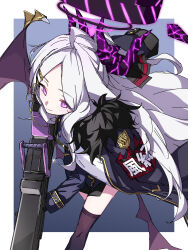 1girl absurdres ahoge armband black_coat black_gloves black_halo black_skirt black_thighhighs blue_archive coat coat_on_shoulders demon_girl demon_horns demon_wings gloves gun halo highres hina_(blue_archive) holding holding_gun holding_weapon horns kame_0_0_kame long_hair looking_at_viewer machine_gun mg42 purple_eyes red_armband simple_background skirt solo standing thighhighs weapon white_hair wings