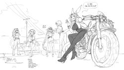 Rule 34 | 5girls, absurdres, animal ears, bird, boots, breast pocket, breasts, bribery, car, commentary, cropped jacket, crossed arms, english commentary, english text, garter straps, goggles, goggles on head, greyscale, hair over one eye, hat, high heels, highres, holding, holding phone, knee boots, large breasts, less, long braid, long hair, monochrome, motor vehicle, motorcycle, multiple girls, original, outdoors, pants, phone, pocket, police, police uniform, policewoman, power lines, rabbit ears, sketch, tail, thighhighs, very long hair