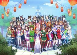 !? 6+girls absurdres agnes_tachyon_(umamusume) ahoge air_groove_(umamusume) akikawa_yayoi_(umamusume) anger_vein animal_ears arm_up armband ascot bandaid bandaid_on_face bandaid_on_nose bare_shoulders bell_tower bird black_hair black_legwear blank_eyes blue_eyes blue_hair blue_skirt blurry blurry_background boots bowl breasts brown_eyes brown_hair bush chinese_commentary chopsticks chujiang clenched_hands cloud coat cropped_jacket crossed_arms crown cup daiwa_scarlet_(umamusume) domino_mask dress eishin_flash_(umamusume) el_condor_pasa_(umamusume) epaulettes everyone fang fangs fingerless_gloves flower folding_fan food food_on_face glasses gloves gold_ship_(umamusume) grass_wonder_(umamusume) green_coat green_dress green_eyes grey_hair group_picture hair_flower hair_ornament hair_over_one_eye hairband hand_fan happy_meek_(umamusume) haru_urara_(umamusume) hat hayakawa_tazuna high_heels highres hishi_amazon_(umamusume) holding holding_bowl holding_chopsticks holding_cup holding_fan horse_ears horse_girl horse_tail ikuno_dictus_(umamusume) jitome king_halo_(umamusume) kitasan_black_(umamusume) lantern large_breasts long_hair long_sleeves looking_at_viewer manhattan_cafe_(umamusume) mask matikane_tannhauser_(umamusume) matikanefukukitaru_(umamusume) mayano_top_gun_(umamusume) meisho_doto_(umamusume) mejiro_ardan_(umamusume) mejiro_mcqueen_(umamusume) mejiro_ryan_(umamusume) mihono_bourbon_(umamusume) mini_crown miniskirt multicolored_hair multiple_girls narita_brian_(umamusume) necktie nice_nature_(umamusume) oguri_cap_(umamusume) one_eye_closed open_mouth orange_hair outdoors own_hands_together pantyhose paper_lantern peeking_out pink_eyes pink_gloves pink_hair pleated_skirt ponytail red_eyes rice rice_shower_(umamusume) round_eyewear sailor_collar sakura_bakushin_o_(umamusume) satono_diamond_(umamusume) seiun_sky_(umamusume) sharp_teeth short_hair silence_suzuka_(umamusume) single_epaulette skirt sleeves_past_wrists smart_falcon_(umamusume) smile special_week_(umamusume) standing star_(symbol) star_hair_ornament sunglasses super_creek_(umamusume) sweatdrop symboli_rudolf_(umamusume) t.m._opera_o_(umamusume) taiki_shuttle_(umamusume) tail teeth thighhighs tiara tokai_teio_(umamusume) tree twin_turbo_(umamusume) twintails umamusume v-shaped_eyebrows vodka_(umamusume) w watch white_hair white_legwear winning_ticket_(umamusume) wristwatch