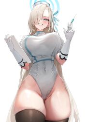 Rule 34 | 1girl, absurdres, alternate costume, asuna (blue archive), black thighhighs, blonde hair, blue archive, blue halo, blue ribbon, breasts, commentary request, covered navel, gloves, hair over one eye, hair ribbon, halo, hat, highres, holding, holding syringe, large breasts, leotard, long hair, looking at viewer, mikelee0614, nurse, nurse cap, ribbon, simple background, solo, syringe, thighhighs, thighs, very long hair, white background, white gloves, white hat, white leotard