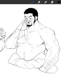 1boy arm_hair art_program_in_frame bara black_hair blind chest_hair cropped_torso facial_hair fat fat_man hairy highres issho_(fujitora) long_sideburns male_focus mature_male muscular muscular_arms mustache_stubble navel_hair octo33 one_piece scar scar_across_eye scar_on_face scar_on_forehead short_hair sideburns simple_background solo sparse_chest_hair strongman_waist stubble sweat thick_neck unfinished wiping_sweat
