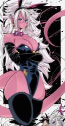 Rule 34 | 1girl, 2boys, android 21, animal ears, black hair, blue eyes, blush, bracelet, breasts, cleavage, colored skin, crossed arms, curvy, detached collar, detached sleeves, dragon ball, dragon ball fighterz, dragonball z, earrings, embarrassed, fake animal ears, frieza, hair ornament, highleg, highleg leotard, jewelry, kinakomochi (user vedc2333), large breasts, leotard, long hair, looking at viewer, majin android 21, multiple boys, pink skin, playboy bunny, rabbit ears, rabbit hair ornament, son goku, spiked hair, tail, thighhighs, very long hair, white hair, wide hips