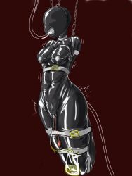 Rule 34 | 1girl, bdsm, bondage, bound, breast harness, catheter, feeding, female focus, force-feeding, gag, gagged, gimpsuit, harness, latex, pipelining, sensory deprivation, sex toy, solo, suspension, tube, urine bag, vibrator