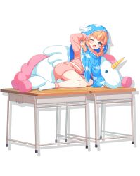 1girl ;d alternate_costume blonde_hair blue_eyes blush full_body highres hood long_hair looking_at_viewer motosu_towa official_art one_eye_closed open_mouth pink_shorts pom_pom_(clothes) shorts sleepy smile socks solo tears transparent_background wings world_dai_star