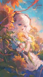 1girl :d absurdres apron blue_dress blue_eyes blue_sky cloud day dress field flower flower_field frilled_apron frills hand_up highres looking_at_viewer maccha_(mochancc) open_mouth original outdoors short_hair short_sleeves signature sky smile solo sunflower sunflower_field upper_body white_apron white_hair wrist_cuffs