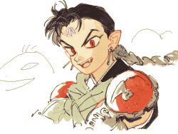 2boys :d armor black_hair braid brothers chloe_k13 cropped_shoulders earrings fangs floating_hair forehead_jewel gold_earrings hiten_(inuyasha) inuyasha japanese_clothes jewelry long_hair looking_at_viewer loose_hair_strand male_focus manten_(inuyasha) multiple_boys open_mouth pointy_ears portrait red_eyes shoulder_armor siblings simple_background slit_pupils smile solo_focus spiked_pauldrons v-shaped_eyebrows white_background