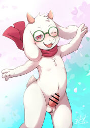 1boy 2025 animal_ears bar_censor blush censored completely_nude dated deltarune erection feith-zr furry furry_male glasses goat_boy goat_ears goat_horns goat_tail highres horns looking_at_viewer male_focus navel nude one_eye_closed open_mouth penis pink_eyes ralsei scarf shota solo standing testicles white_fur