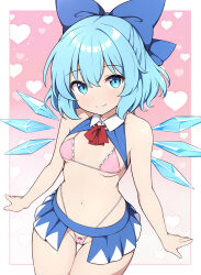 1girl blue_bow blue_eyes blue_hair blue_skirt bow bra breasts cirno closed_mouth commentary_request gradient_background hair_bow heart heart_background highres ice ice_wings loli looking_at_viewer panties pink_background pink_bra pink_panties rizento short_hair skirt small_breasts smile solo touhou underwear wings