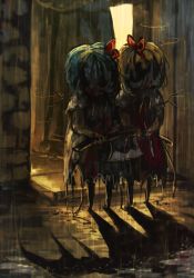 2girls axe bat_wings blonde_hair blood blue_hair bow bug different_shadow flandre_scarlet fly hat bug knife koto_inari maid multiple_girls rain remilia_scarlet short_hair touhou weapon wings