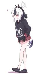 1girl absurdres black_hair black_hoodie black_horns black_shoes blue_archive blush closed_mouth commentary_request ear_piercing full_body grey_hair hair_between_eyes halo hands_in_pockets heart highres hood hood_down hoodie horns kayoko_(blue_archive) looking_at_viewer makuraapillow miniskirt piercing plaid_clothes plaid_skirt pleated_skirt purple_wings red_eyes red_skirt shoes sidelocks simple_background single_wing skirt solo walking white_background wings