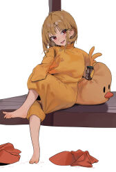 1girl animal_costume barefoot blush brown_hair can commentary crossed_legs drink_can english_commentary eyelashes feet full_body highres holding holding_can looking_at_viewer medium_hair original red_eyes sekoshi_(some1else45) shadow shoes simple_background sitting solo some1else45 sweat sweatdrop toenails toes tongue tongue_out unworn_shoes white_background