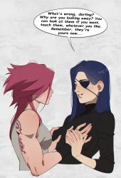 2girls absurdres back_tattoo black_shirt black_skirt blue_hair caitlyn_(league_of_legends) eyepatch grabbing_another&#039;s_breast groping guided_breast_grab guiding_hand highres multiple_girls omy-chan shirt skirt tattoo vi_(league_of_legends) yuri