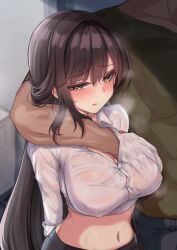 1boy 1girl absurdres arm_around_shoulder arms_behind_back black_pants black_shirt black_skirt blush breasts brown_eyes brown_hair cleavage collared_shirt commentary_request covered_erect_nipples cowboy_shot crop_top cropped_shirt ebon embarrassed goddess_of_victory:_nikke grabbing_another&#039;s_breast grabbing_from_behind groping grouping hair_between_eyes hand_in_another&#039;s_shirt head_out_of_frame heavy_breathing height_difference highres indoors large_breasts long_hair looking_down looking_to_the_side marciana_(nikke) marciana_(school_days)_(nikke) midriff molestation name_tag navel navel_piercing no_bra official_alternate_costume pants parted_lips pencil_skirt piercing school_uniform see-through_clothes see-through_shirt sexual_harassment shirt short_sleeves sidelocks skirt sleeves_rolled_up standing steam sweat t-shirt very_long_hair wet wet_clothes wet_shirt white_shirt