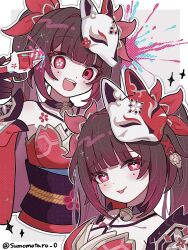 1girl :d :p bare_shoulders bell black_choker black_gloves black_sash brown_hair butterfly-shaped_pupils choker collarbone criss-cross_halter dress flower_tattoo fox_mask gloves glowing glowing_eye gun gun_to_head halterneck handgun highres honkai:_star_rail honkai_(series) long_hair looking_at_viewer mark_under_both_eyes mask mask_on_head neck_bell omuyan open_mouth red_dress red_sleeves revolver sash simple_background smile snubnosed_revolver sparkle sparkle_(honkai:_star_rail) symbol-shaped_pupils tattoo tongue tongue_out twintails two-tone_background very_long_hair weapon