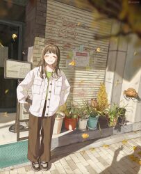 1girl ^_^ absurdres autumn_leaves black_shoes blush brown_hair brown_pants buttons cellphone closed_eyes commentary_request day facing_viewer full_body green_shirt grin highres holding holding_phone jacket leaf long_hair long_sleeves open_clothes open_jacket original outdoors pants phone plant potted_plant shirt shoes sidewalk smartphone smile solo standing twitter_username un_(un0044) white_jacket