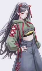1girl absurdres black_hair denim denim_skirt highres long_hair long_sleeves looking_at_viewer nippaku_zanmu ornament skirt solo torinari_(dtvisu) touhou
