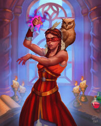1girl absurdres artist_name bird book braid brown_hair candle covered_eyes dress highres indoors long_hair magic open_book owl philippa_eilhart potion red_dress sleeveless sleeveless_dress solo the_witcher_(series) the_witcher_3 twin_braids tworey8