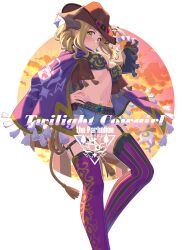 Rule 34 | 1girl, against railing, asymmetrical legwear, belt, blonde hair, bra, breasts, cape, cleavage, cowboy hat, cowboy western, denim, denim shorts, feet out of frame, genjitsu no yohane, hand on headwear, hand on own hip, hat, highres, horns, looking at viewer, looking to the side, love live!, love live! school idol festival all stars, love live! sunshine!!, mari (genjitsu no yohane), midriff, mismatched legwear, navel, official alternate costume, ohara mari, ohara mari (twilight cowgirl), orange clouds, orange sky, pellapie, print cape, purple thighhighs, railing, self cosplay, shorts, sky, solo, stomach tattoo, tassel, tattoo, thigh strap, thighhighs, transparent background, underwear, waste-man, whip, yellow eyes