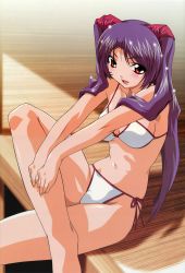 Rule 34 | 00s, 1girl, absurdres, bikini, breasts, female focus, highres, kobayashi takashi, outdoors, purple hair, red eyes, side-tie bikini bottom, solo, swimsuit, tenshi no shippo, twintails, usagi no mika