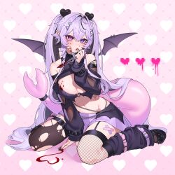 1girl asymmetrical_legwear bandaid bandaid_on_leg bare_shoulders bat_wings belt belt_buckle black_belt black_hair black_shirt black_shoes black_socks black_thighhighs black_wings blood blood_on_breasts blood_on_clothes blood_on_face bloody_weapon breasts buckle cetacean_tail cleavage cleavage_cutout clothing_cutout commentary crop_top crossed_bangs dagger double-parted_bangs english_commentary fingernails fins fish_tail fishnet_thighhighs fishnets garter_straps hair_between_eyes hair_bun hair_ornament hand_up heart heart_cutout heart_hair_bun heterochromia highres holding holding_dagger holding_knife holding_weapon indie_virtual_youtuber knife large_breasts lipstick long_fingernails long_hair long_sleeves looking_at_viewer loose_socks makeup mismatched_legwear multicolored_hair narwhal_girl navel parted_lips piercing pink_background pink_belt pink_eyes pink_tail pointy_ears pomichang purple_belt purple_eyes purple_hair purple_nails purple_skirt red_lips second-party_source shirt shoes shoulder_cutout single_fishnet_legwear sitting skirt socks solo spikes sprinkle_hershy sprinkles stomach tail tail_belt thighhighs torn_clothes torn_thighhighs two-tone_hair very_long_hair virtual_youtuber wariza weapon wing_piercing wings