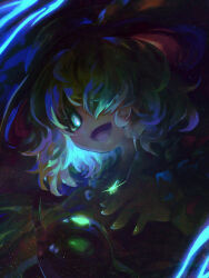 1girl black_hat buttons diamond_button eyeball frilled_shirt_collar frilled_sleeves frills green_eyes green_hair hair_over_one_eye hat hat_ribbon highres koishi_day komeiji_koishi ribbon shirt smile suisa_(mizsai) third_eye touhou wide_sleeves yellow_ribbon yellow_shirt