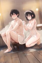 1boy 1girl barefoot bathroom black_eyes black_hair blush bob_cut breasts brick_wall cleavage commentary covering_privates deep_dark_wolf english_commentary highres large_breasts maid_headdress naked_towel nude_cover on_stool original short_hair sitting toes towel washing_back wooden_stool