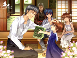 Rule 34 | 00s, 2boys, 3girls, blush, brown eyes, brown hair, clannad, family, furukawa nagisa, headpat, key (company), multiple boys, multiple girls, mutsuki (moonknives), okazaki naoyuki, okazaki shino, okazaki tomoya, okazaki ushio, porch, slice of life, veranda