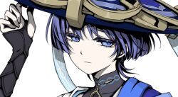 Rule 34 | 1boy, armor, black bodysuit, black bridal gauntlets, blue cape, blue hat, blue kimono, blunt ends, bodysuit, bridal gauntlets, cape, choppy bangs, closed mouth, covered collarbone, eyelashes, eyeliner, eyeshadow, genshin impact, gold, hand up, hat, japanese armor, japanese clothes, jingasa, juban, kimono, kote, kurokote, makeup, male focus, mandarin collar, portrait, purple eyes, purple hair, red eyeliner, red eyeshadow, scaramouche (genshin impact), shoulder peek, solo, tsurime, tuyu name4, wanderer (genshin impact), white background, white kimono