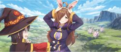 2girls afterimage ahoge animal_ear_hairband animal_ears arms_up black_cape black_gloves black_hat blue_sky breasts brown_hair cape closed_mouth cloud fake_animal_ears fingerless_gloves game_cg gloves glowing glowing_eyes hair_over_one_eye hairband hand_up hat highres horns kono_subarashii_sekai_ni_shukufuku_wo! konosuba!_fantastic_days large_breasts lens_flare long_hair long_sleeves megumin multiple_girls official_art open_mouth outdoors outstretched_arm plateau pointing purple_robe rabbit rabbit_ear_hairband rabbit_ears red_eyes robe shaded_face short_hair sideways_mouth single_horn sky small_sweatdrop smile sparkle third-party_source wide_brim witch_hat wiz_(konosuba) yellow_eyes