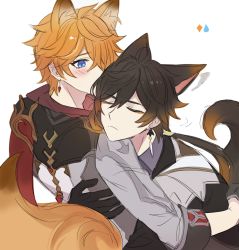 2boys animal_ears black_gloves black_hair blue_eyes blush brown_hair cat_ears cat_tail closed_eyes closed_mouth covering_own_mouth earrings fox_ears fox_tail genshin_impact gloves hair_between_eyes hug jewelry long_hair male_focus multicolored_hair multiple_boys orange_hair ponytail simple_background single_earring sssss2222 tail tartaglia_(genshin_impact) tassel tassel_earrings zhongli_(genshin_impact)