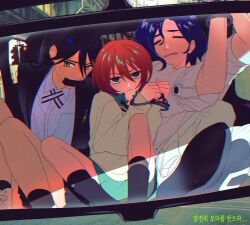 1boy 2girls absurdres amate_yuzuriha aqua_eyes black_hair blue_hair bound bound_wrists boy_and_girl_sandwich closed_eyes commentary cuffs gag gundam gundam_gquuuuuux handcuffs highres improvised_gag jacket korean_text long_hair long_sleeves looking_at_viewer lower_eyelashes_only multiple_girls nyaan_(gundam_gquuuuuux) pants red_hair restrained sandwiched school_uniform shirt shoes short_hair shuji_ito sitting skirt socks sweatdrop sweater symbol-only_commentary tape tape_gag translation_request trapped yang_gallae yellow_eyes