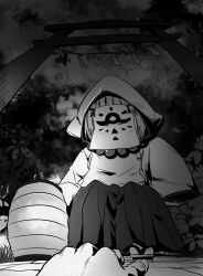 Rule 34 | 1boy, 1girl, bead necklace, beads, cloud, cloudy sky, facing viewer, greyscale, hakama, hakama skirt, highres, hood, hood up, japanese clothes, jewelry, lantern, long sleeves, monochrome, necklace, neon-tetora, night, paper lantern, pov, sandals, shide, skirt, sky, sleeves past fingers, sleeves past wrists, solo focus, squatting, tabi, torii, tsukuyomi ai, voiceroid, zouri