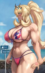 1boy 1girl abs absurdres american_flag american_flag_bikini american_flag_print bare_shoulders barghest_(fate) beach biceps bikini blonde_hair breasts cleavage command_spell cosplay fate/grand_order fate_(series) flag_print flag_print_bikini fujimaru_ritsuka_(male) green_eyes highres horns huge_breasts long_hair miyamoto_musashi_(fate) miyamoto_musashi_(fate/grand_order) miyamoto_musashi_(swimsuit_berserker)_(fate) miyamoto_musashi_(swimsuit_berserker)_(fate)_(cosplay) miyamoto_musashi_(swimsuit_berserker)_(second_ascension)_(fate) muscular muscular_female navel ponytail print_bikini raskasar solo_focus swimsuit thick_thighs thighs