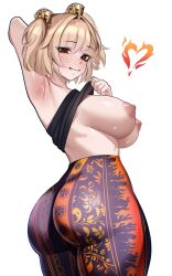 1girl absurdres adramallih arm_up armpits ass black_shirt blonde_hair breasts burnice_white clothes_lift commentary english_commentary forbidden_pants grin heart high-waist_pants highres huge_ass large_breasts meme_attire nipples pants red_eyes shirt shirt_lift smile solo white_background yoga_pants zenless_zone_zero