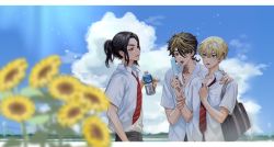 3boys aqua_eyes bag black_hair black_pants blonde_hair blue_sky bottle character_request cloud earrings flower food hanemiya_kazutora highres holding holding_bottle jewelry male_focus matsuno_chifuyu mito_(jinzero) mole mole_under_eye multicolored_hair multiple_boys neck_tattoo necktie open_mouth pants ponytail popsicle red_eyes red_necktie shirt short_hair shoulder_bag single_earring sky sunflower tattoo tokyo_revengers tongue tongue_out two-tone_hair uniform white_shirt yellow_eyes